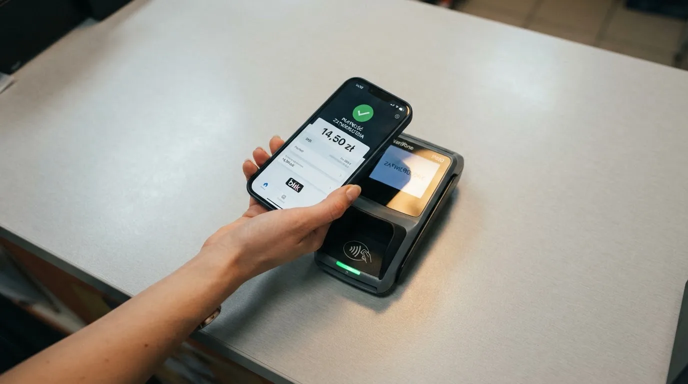 Telefon z otwartą aplikacją płatności mobilnych w dłoni nad terminalem płatniczym na blacie sklepowym.