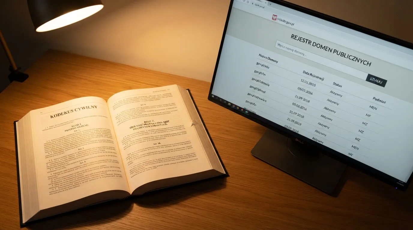 Otwarty tekst ustawy o grach hazardowych na biurku obok monitora ze stroną publicznego rejestru domen